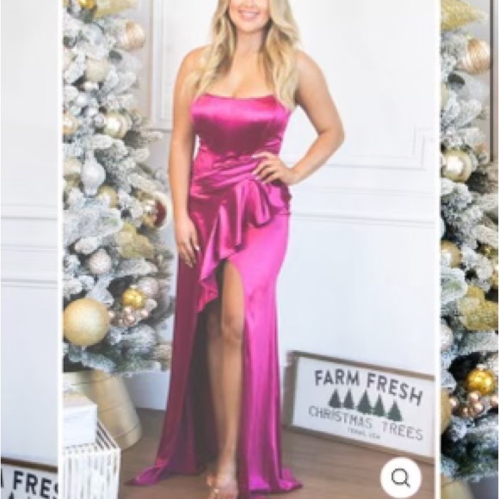 Lover Satin Ruffle Maxi Dress Fuchsia Evening Dress Strapless  M NWT